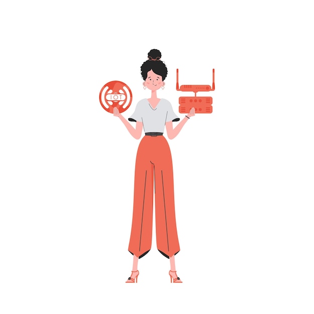 Una mujer sostiene el logotipo de Internet de las cosas en sus manos Enrutador y servidor IOT y concepto de automatización Ilustración vectorial aislada en un estilo moderno y plano
