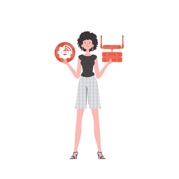 Una mujer sostiene el logotipo de Internet de las cosas en sus manos Enrutador y servidor IOT y concepto de automatización Ilustración vectorial aislada en estilo plano