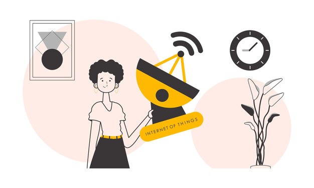 Una mujer sostiene el logotipo de Internet de las cosas en sus manos Estilo lineal Ilustración vectorial