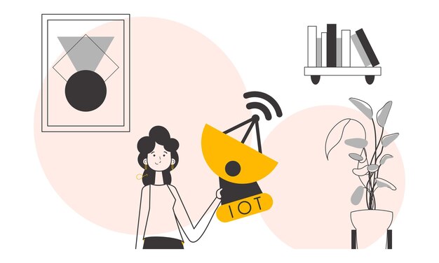 Una mujer sostiene el logotipo de Internet de las cosas en sus manos Estilo lineal de moda Ilustración vectorial