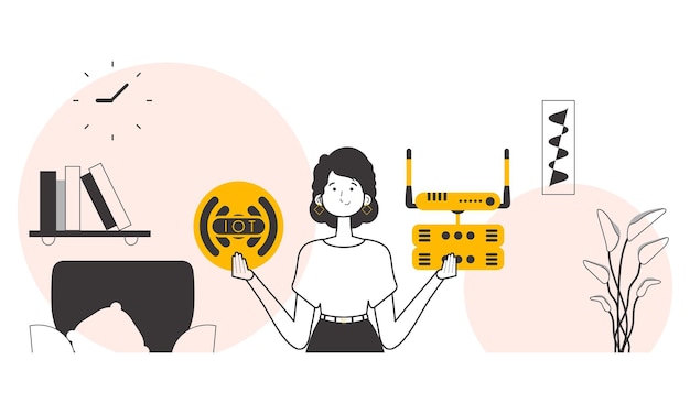 Una mujer sostiene el logotipo de Internet de las cosas en sus manos Vector de estilo moderno lineal