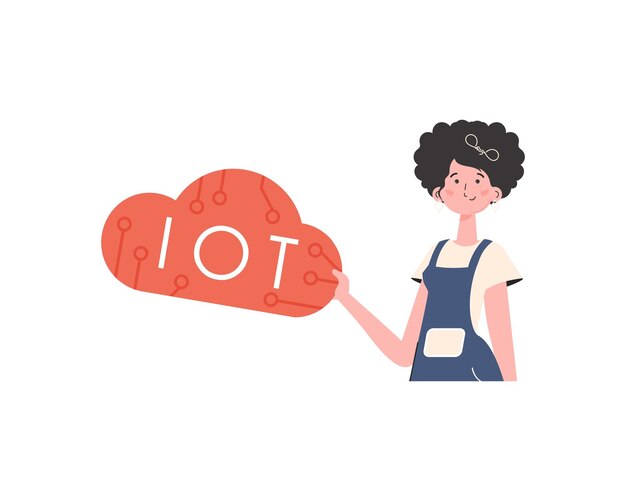 Una mujer sostiene el logotipo de IoT en sus manos Concepto de IoT Estilo plano de moda aislado Ilustración vectorial