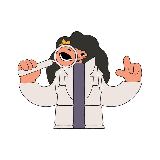 Una mujer sostiene una lupa Busca la información necesaria en el personaje de estilo retro de Internet