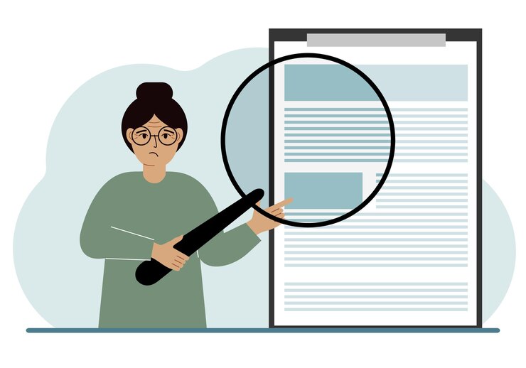 Vector una mujer sostiene una lupa y examina un documento de contrato o acuerdo el concepto de abogado, empresario o abogado en el trabajo