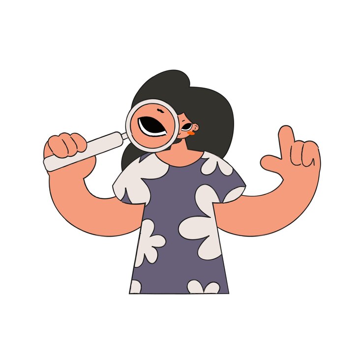 Vector una mujer sostiene una lupa en sus manos en busca de información personaje de estilo retro lineal