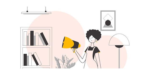 La mujer sostiene un megáfono en sus manos Ilustración vectorial de estilo lineal minimalista