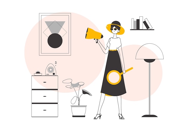 La mujer sostiene un megáfono en sus manos Ilustración vectorial de estilo lineal moderno