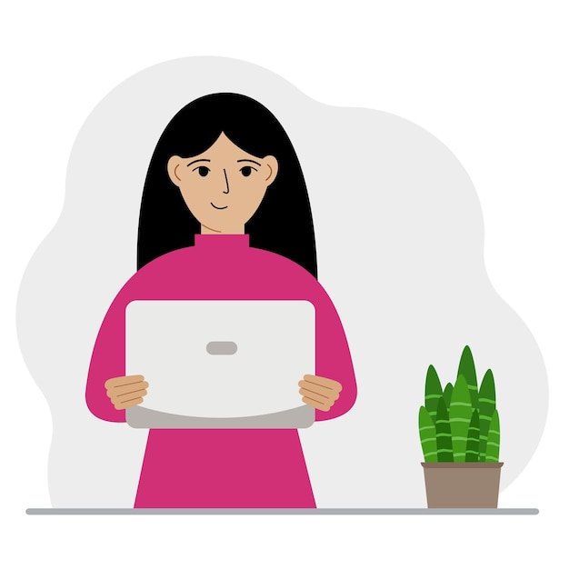 Una mujer sostiene o usa una computadora portátil PC Concepto de tecnología de computadora portátil Ilustración plana vectorial