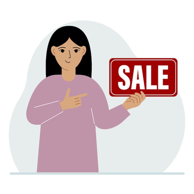 Una mujer sostiene una pancarta con la venta de texto Señala con el dedo el texto El concepto de descuento, una oferta especial en una tienda o un banco, un volante publicitario