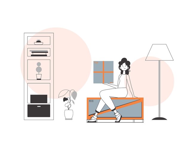 La mujer sostiene un paquete Concepto de entrega Estilo lineal