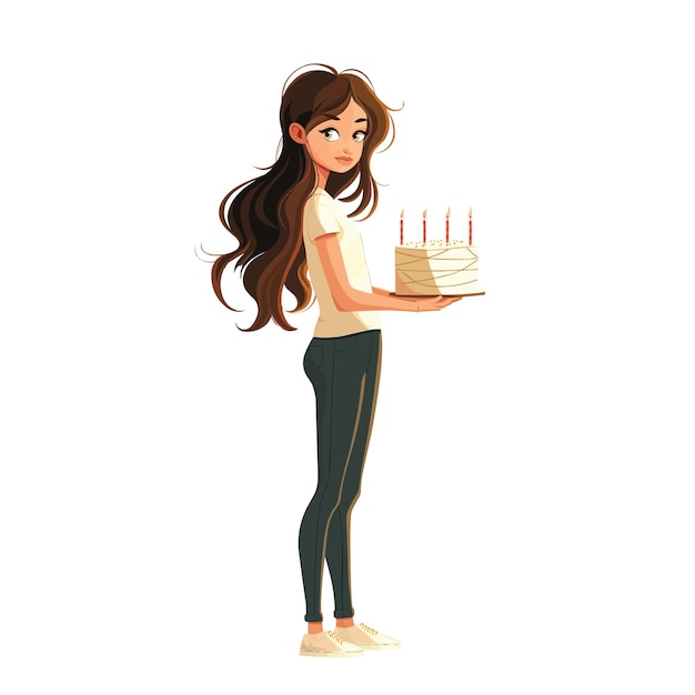 Vector una mujer sostiene un pastel celebra un cumpleaños una ilustración plana aislada en un fondo blanco un c