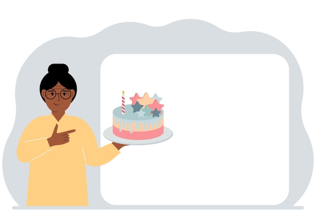 Vector una mujer sostiene un pastel en la mano cerca hay un cartel blanco para el texto cumpleaños o fiesta