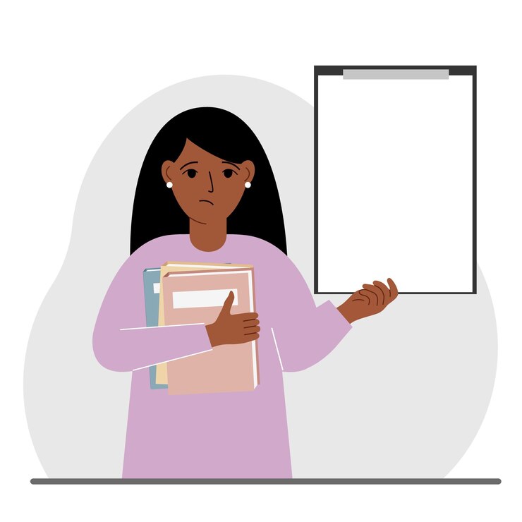 Vector una mujer sostiene una pila de libros en una mano, un portapapeles en el otro espacio para texto educación del conocimiento enseñanza lista de lectura de mejora personal ilustración plana vectorial