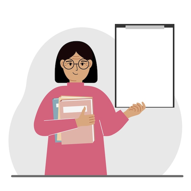 Una mujer sostiene una pila de libros en una mano, un portapapeles en el otro espacio para texto Educación del conocimiento enseñanza lista de lectura de mejora personal Ilustración plana vectorial
