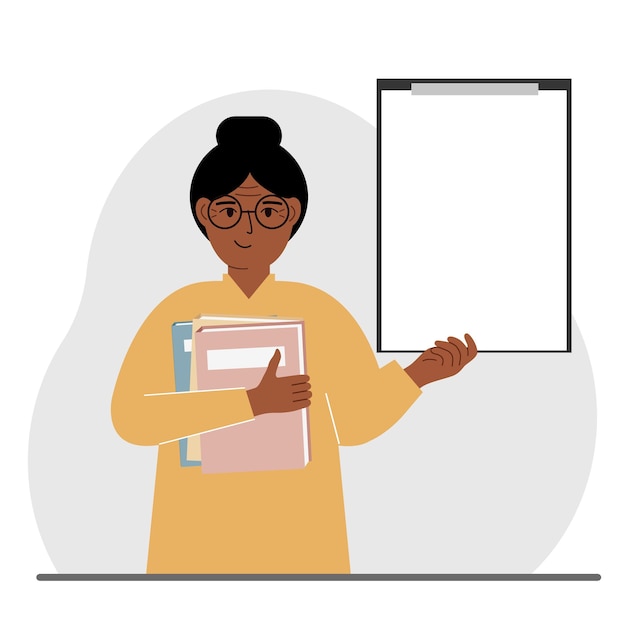 Una mujer sostiene una pila de libros en una mano, un portapapeles en el otro espacio para texto Educación del conocimiento enseñanza lista de lectura de mejora personal Ilustración plana vectorial