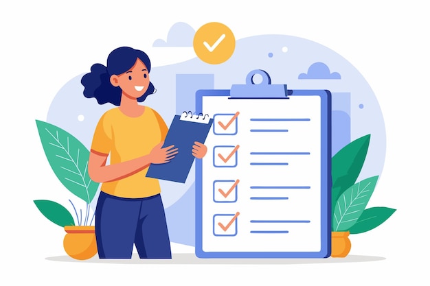 Una mujer sostiene un portapapeles con una lista de comprobación en ella que se centra en organizar las tareas de manera eficiente Mujer haciendo lista de control para el control de las empresas de reglas Ilustración vectorial plana simple y minimalista