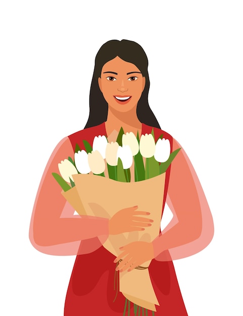 Una mujer sostiene un ramo de tulipanes blancos Tarjeta de felicitación para el Día Internacional de la Mujer