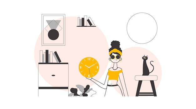 Una mujer sostiene un reloj en sus manos Concepto de gestión del tiempo Ilustración de vector lineal