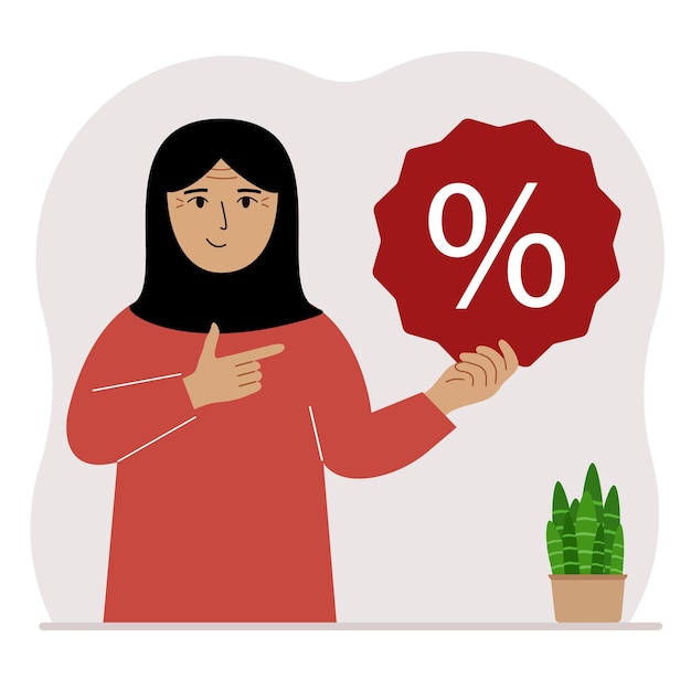 Una mujer sostiene un signo de porcentaje en su mano El concepto de porcentaje de descuento promoción tasa de interés porcentaje de descuento en compras