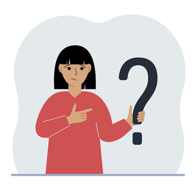 Una mujer sostiene un símbolo de signo de interrogación Haga preguntas y busque respuestas Preguntas frecuentes o concepto de preguntas frecuentes centro de soporte en línea