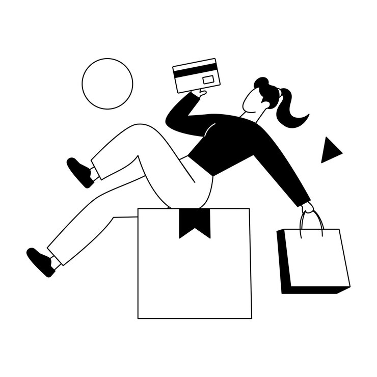Vector una mujer sostiene una tarjeta de crédito y vuela sobre una caja con un contorno negro.