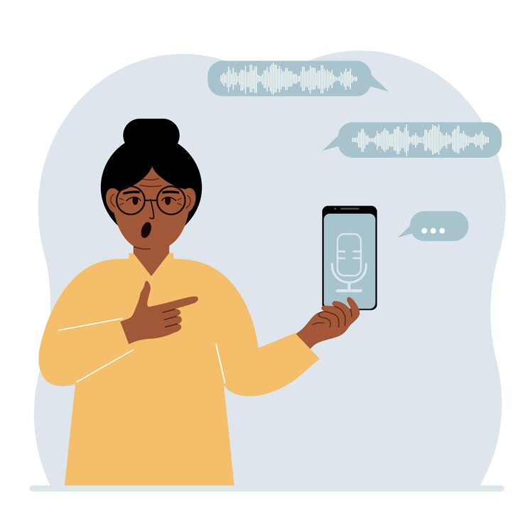 Vector una mujer sostiene un teléfono inteligente usando una aplicación de asistente de voz concepto de reconocimiento de voz aplicaciones de altavoces inteligentes controlador de oficina llamadas telefónicas manos libres software de comando de voz