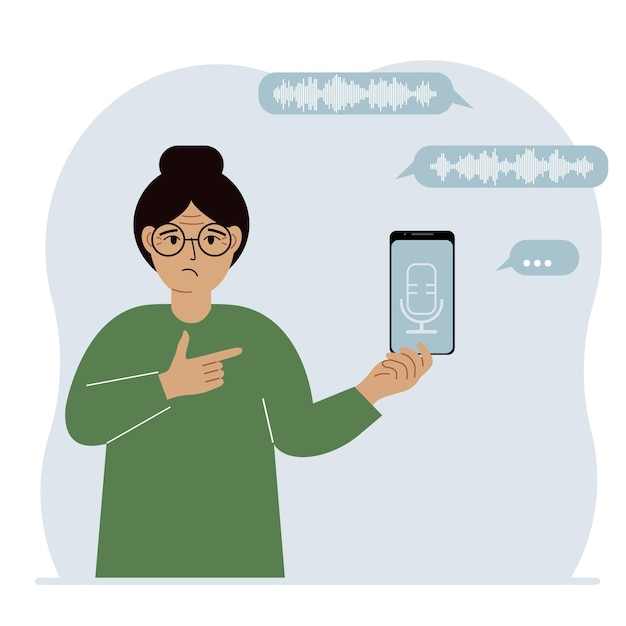 Una mujer sostiene un teléfono inteligente usando una aplicación de asistente de voz Concepto de reconocimiento de voz Aplicaciones de altavoces inteligentes Controlador de oficina Llamadas telefónicas manos libres Software de comando de voz
