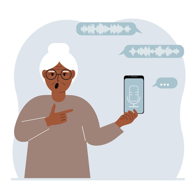 Una mujer sostiene un teléfono inteligente usando una aplicación de asistente de voz Concepto de reconocimiento de voz Aplicaciones de altavoces inteligentes Controlador de oficina Llamadas telefónicas manos libres Software de comando de voz