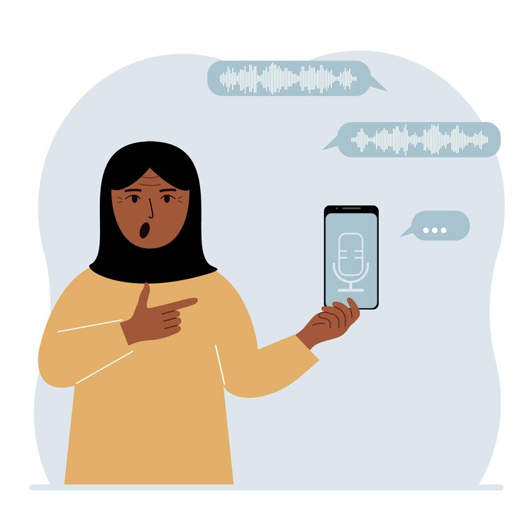 Vector una mujer sostiene un teléfono inteligente usando una aplicación de asistente de voz concepto de reconocimiento de voz aplicaciones de altavoces inteligentes controlador de oficina llamadas telefónicas manos libres software de comando de voz
