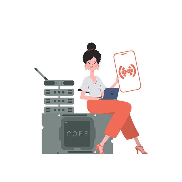 Una mujer sostiene un teléfono con el logotipo de IoT en sus manos Concepto de Internet de las cosas Ilustración vectorial en un estilo moderno y plano