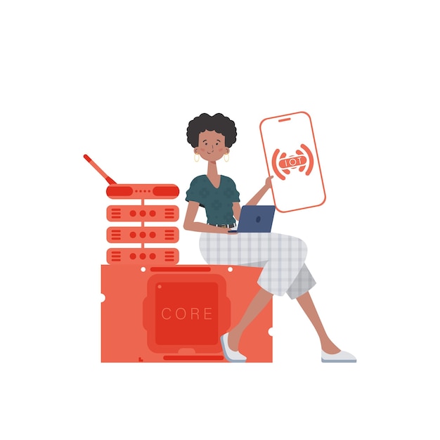 Una mujer sostiene un teléfono con el logotipo de IoT en sus manos Concepto de Internet de las cosas Ilustración vectorial en estilo plano