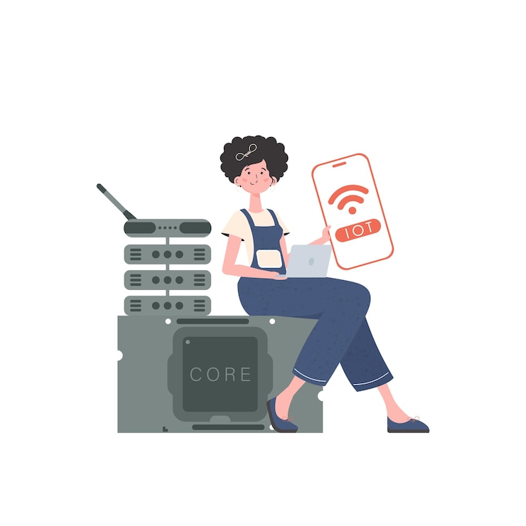 Vector una mujer sostiene un teléfono con el logotipo de iot en sus manos concepto de iot ilustración vectorial en estilo plano
