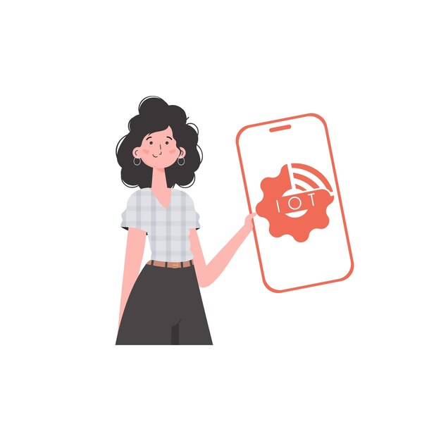 Una mujer sostiene un teléfono con el logotipo de IoT en sus manos Internet de las cosas y el concepto de automatización Estilo plano de moda Ilustración vectorial
