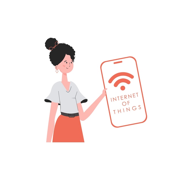 Una mujer sostiene un teléfono con el logotipo de IoT en sus manos IOT y concepto de automatización Ilustración vectorial en estilo moderno y plano