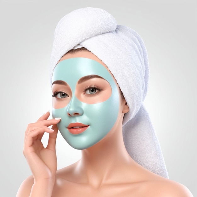 Mujer de spa aplicando una máscara facial 3D con fondo blanco vectorial