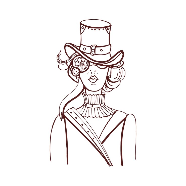 Vector mujer steampunk en estilo industrial de la era victoriana dama de moda vintage del siglo xix con engranajes mecánicos y accesorios retrofuturistas ilustración vectorial dibujada a mano aislada sobre fondo blanco
