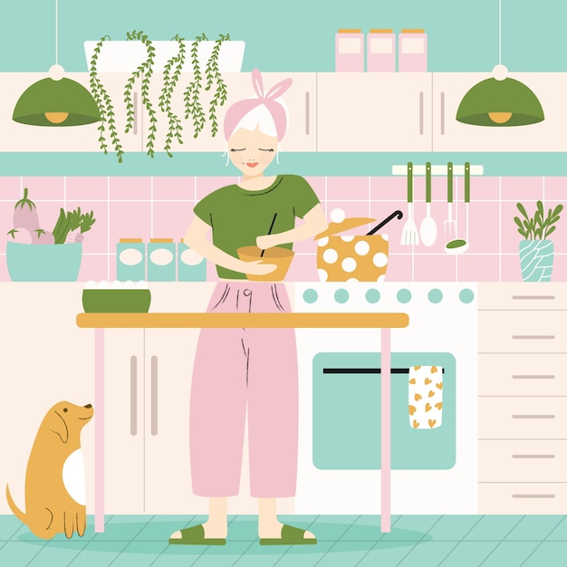 Una mujer en su cocina con comida y perro. ambiente familiar, comida sana, día mundial de la alimentación. plano