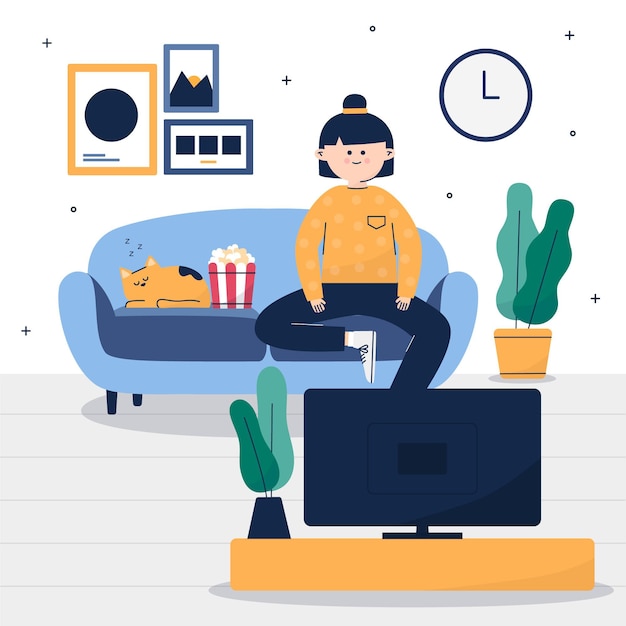 Vector mujer y su gato viendo una película