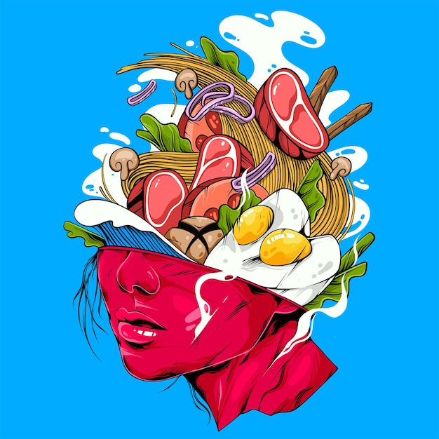 Vector mujer con su ilustración de fideos