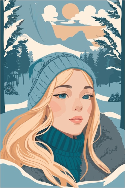 Vector mujer sueca con fondo nórdico en estilo de ilustración plana en temporada de invierno