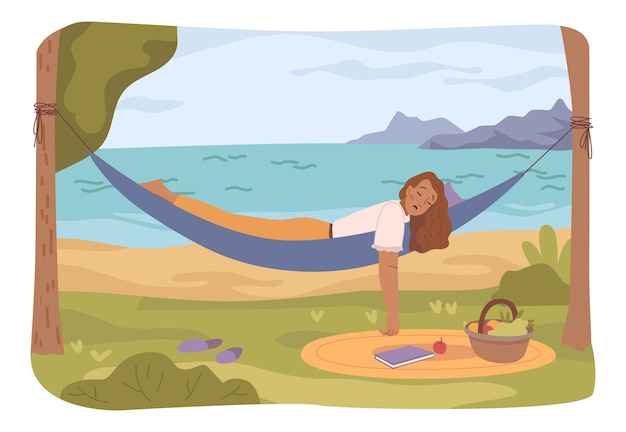 mujer, sueño, en, hamaca, por, lago