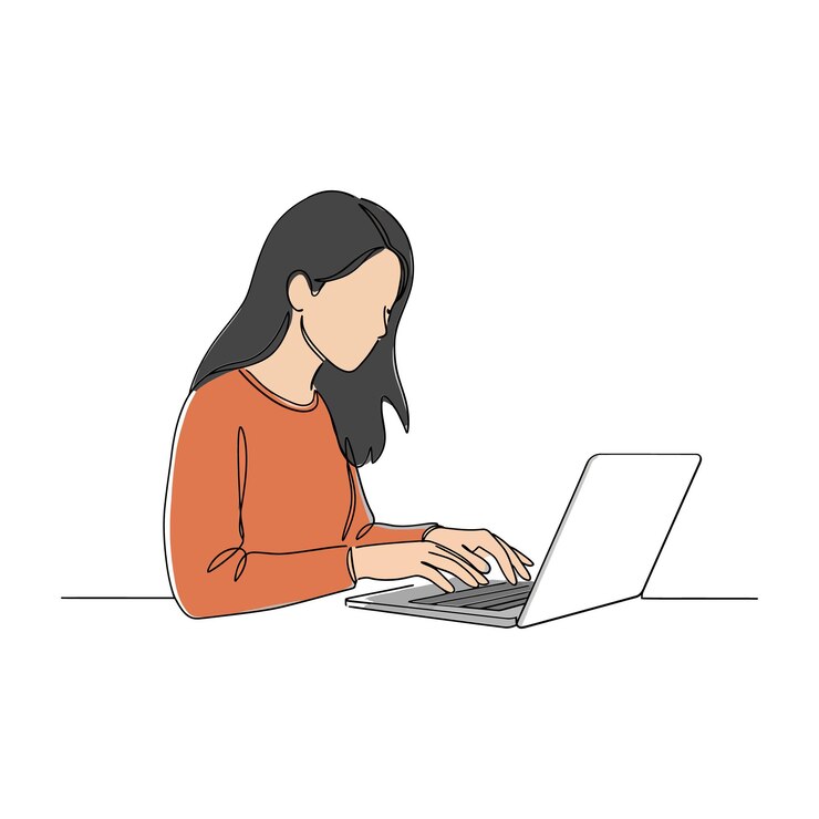Vector mujer con un suéter naranja escribiendo en una computadora portátil en una ilustración vectorial de estilo de diseño plano mínimo