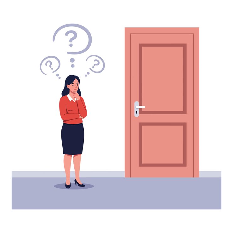 Vector mujer en suéter rojo de pie pensativa cerca de la puerta de madera cerrada con signos de interrogación por encima de la cabeza en ilustración vectorial de diseño plano