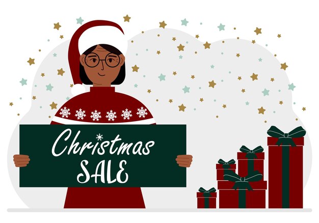 Vector una mujer con un suéter y un sombrero rojo de papá noel sostiene un cartel con el texto sobre la venta de navidad en su mano ilustración plana vectorial