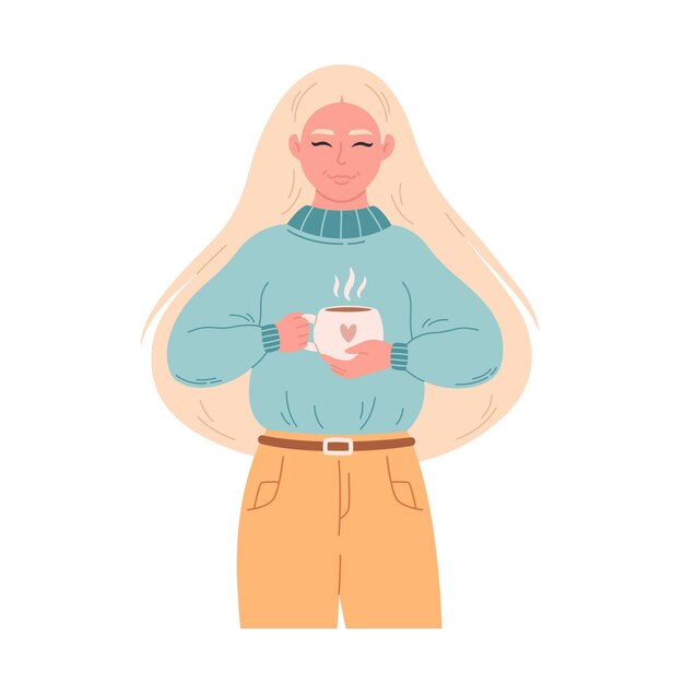 Mujer en suéter con taza de bebida caliente. Mujer con café. Horario de invierno, felices fiestas, hygge.