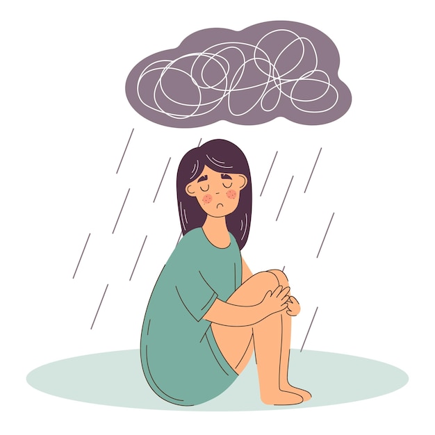 La mujer sufre de depresión, enfermedades de salud mental. Sentado bajo la nube de lluvia con pensamientos pesados. Triste e infeliz. Desorden bipolar.