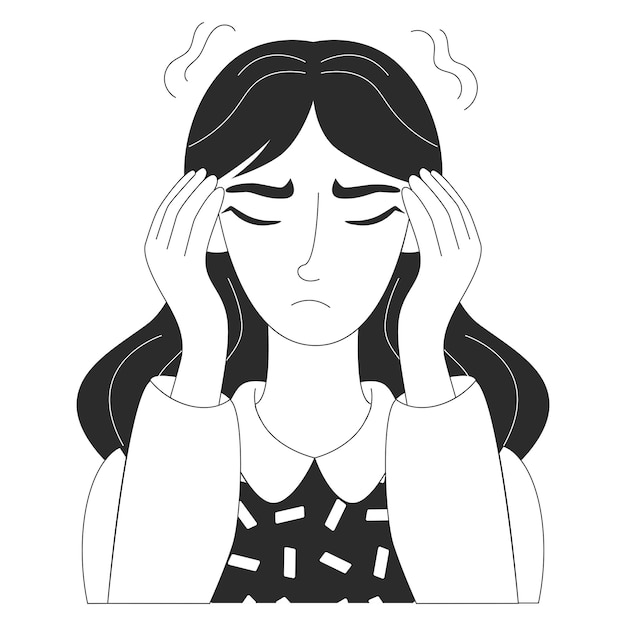 La mujer sufre de dolor de cabeza y sostiene las manos en las sienes mujer estresada dolor de cabeza estilo de contorno