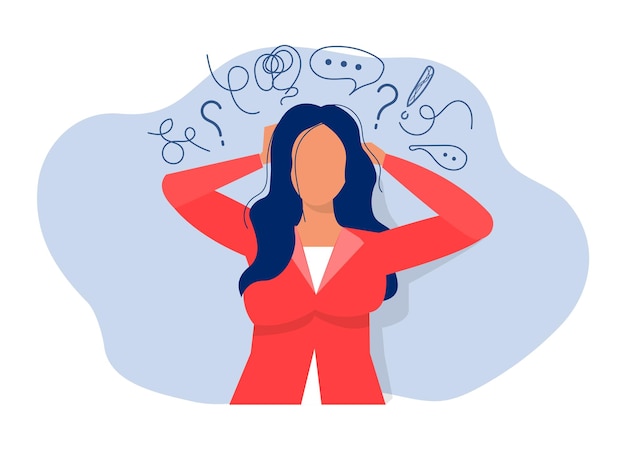 La mujer sufre de pensamientos obsesivos dolor de cabeza problemas no resueltos trauma psicológico depresión