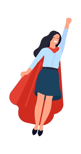 Vector mujer superhéroe. mujer de negocios, en, capa roja, vuelo