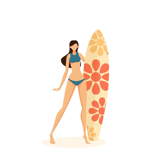 Mujer surfista feliz en traje de baño azul con una tabla de surf en la playa. chica divertida aislada sobre fondo blanco. la ilustración en estilo de dibujos animados planos se puede utilizar para el diseño de verano, carteles, pancartas.